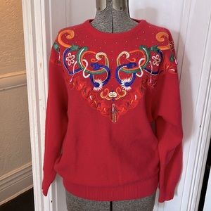 Jubiana 80s VTG Red Lambswool Angora Festive Holiday  Christmas Beaded Sweater M